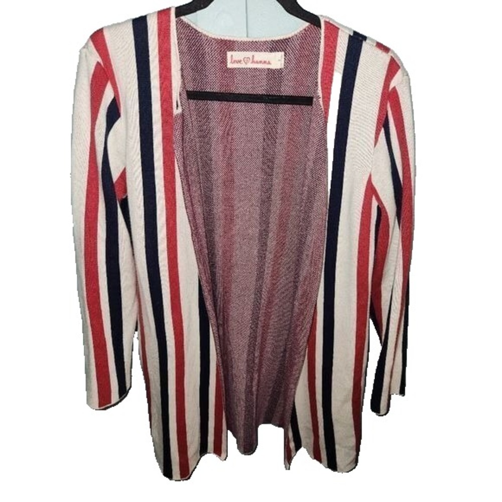 Love Hanna Striped Open Front Knit Cardigan Top Red White Blue